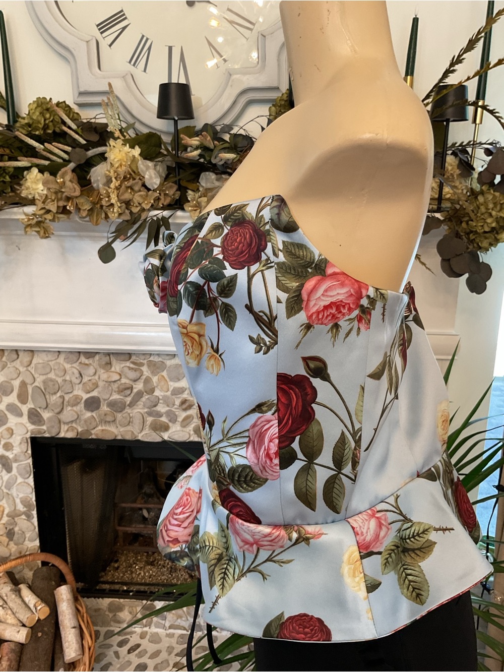 Floral Off-Shoulder Peplum Dress in Light Blue